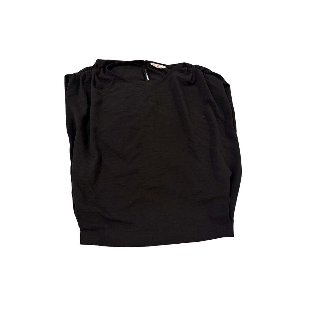 GeeGee Black Short Sleeve Puff Shoulder Blouse Textured Keyhole Back Top small